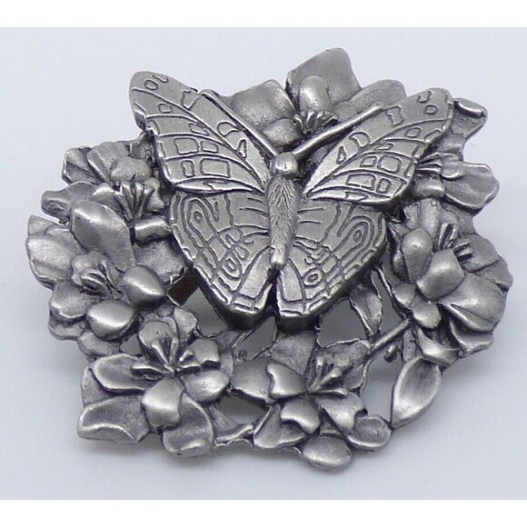 Butterfly and Flowers Brooch Scatter Pin Pewter Metal Birds & Bloom 1998 Vintage - Picture 9 of 12